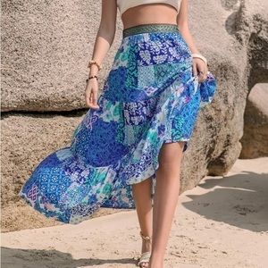 Patchwork print ruffled hem maxi skirt